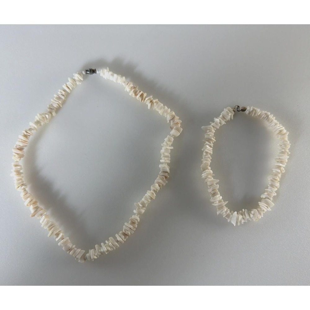 Vtg Hawaiian Puka Shell Necklace 16" Barrel Clasp & Bracelet Set Surfer 1970's